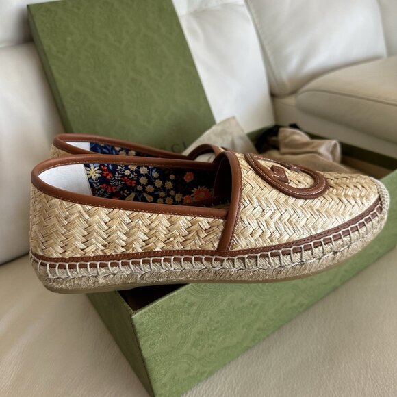 NEW GUCCI || Adela GG Raffia Espadrilles Brown Leather Logo EU 39 US 9 Shoes - Picture 5 of 11